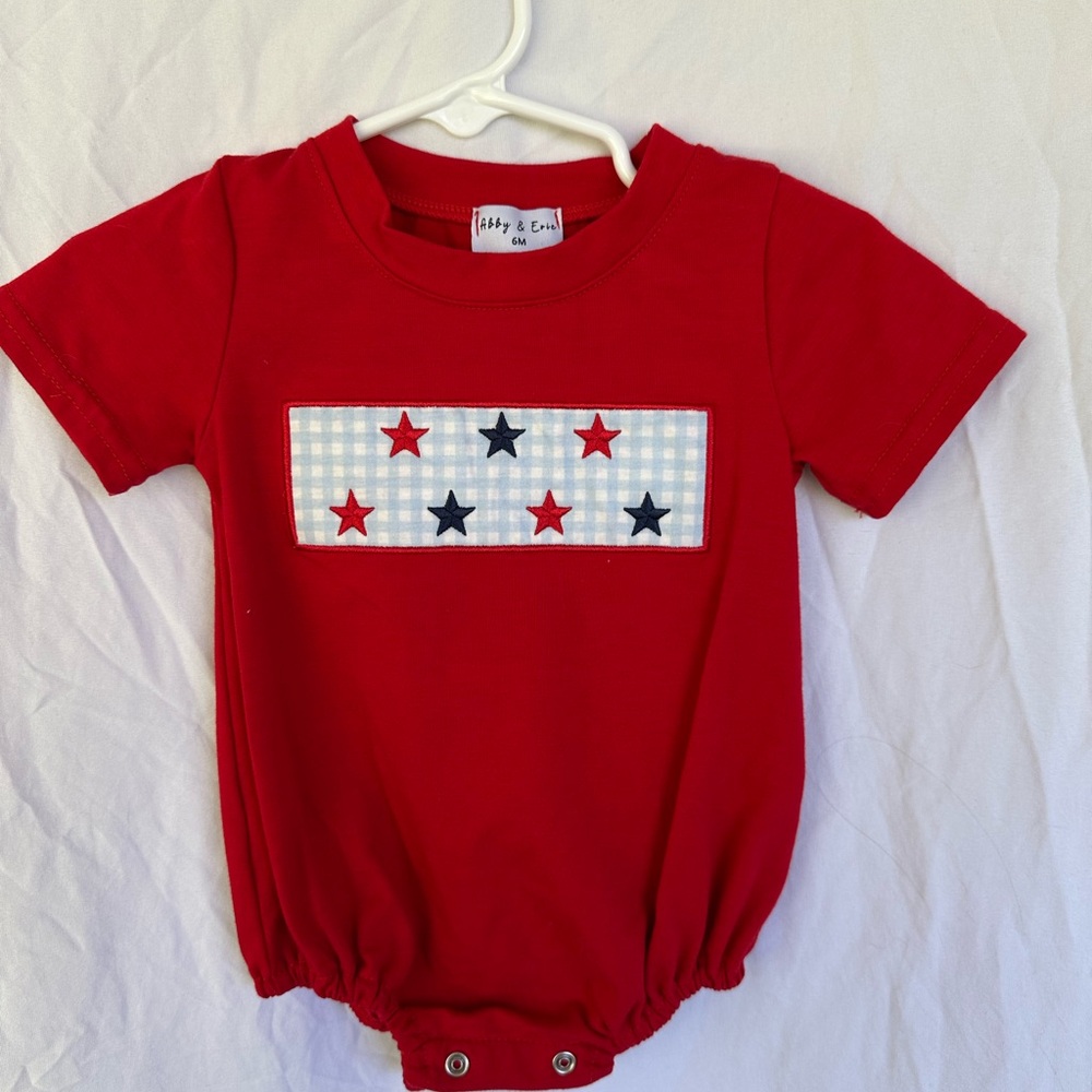 Red Baby Bubble Romper with Star Gingham Applique